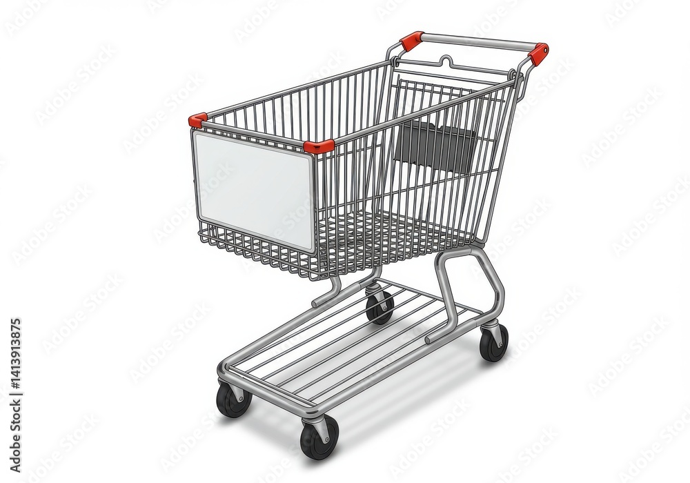 A shopping cart with a blank white sign on the side isolated on a white background in a studio shot A shopping cart with a blank white sign on the side isolated on a white background in a studio shot