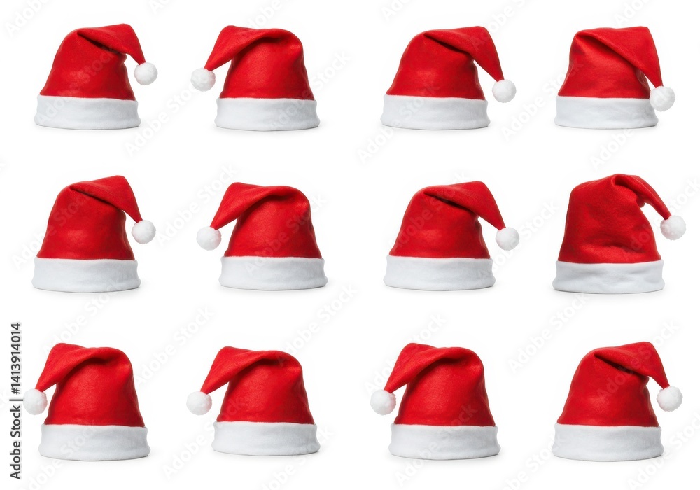 A grid of twelve red santa hats with white trim and pom poms on a white background in a studio shot A grid of twelve red santa hats with white trim and pom poms on a white background in a studio shot
