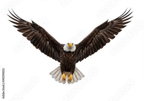 A majestic bald eagle soaring with its wings fully extended against a white background in full view