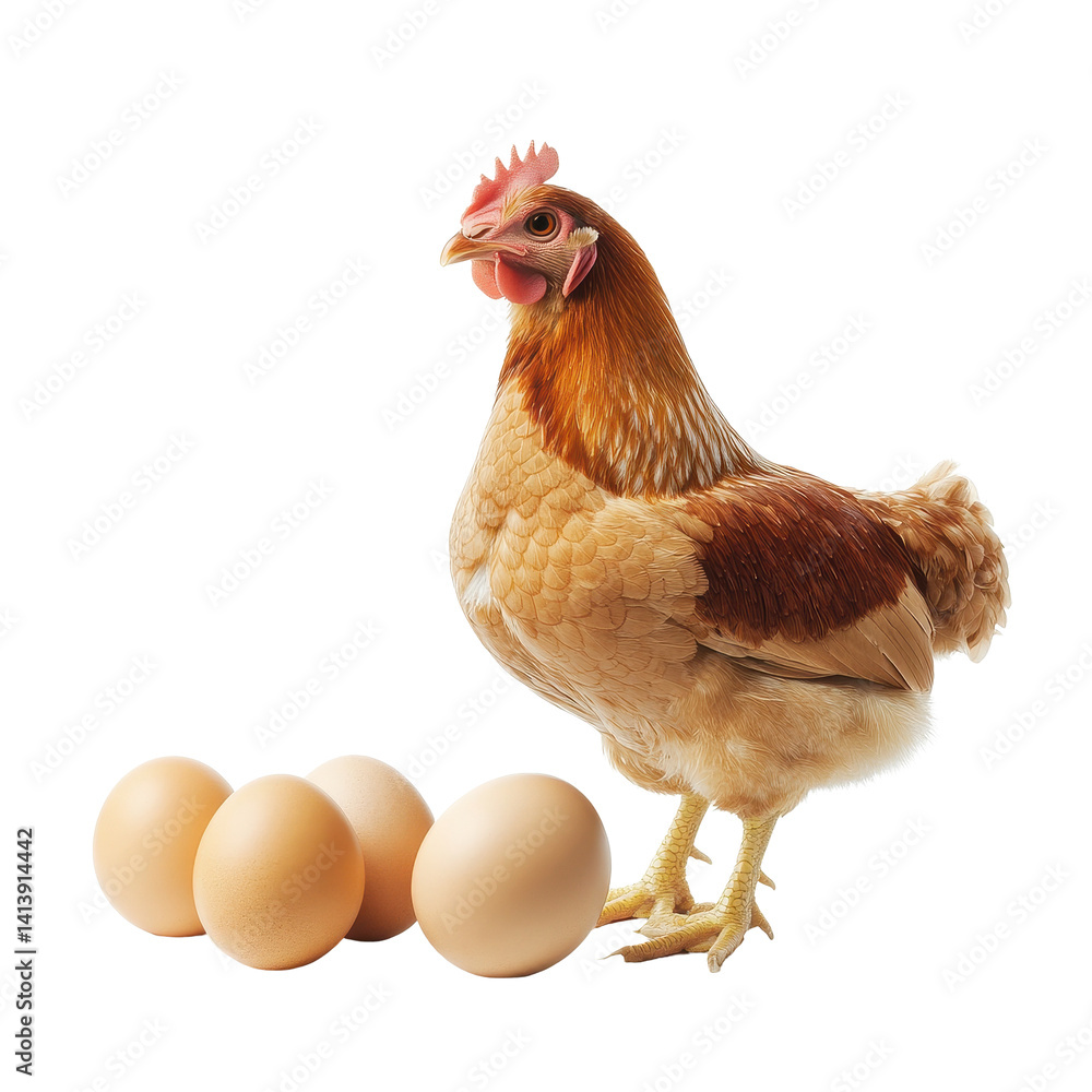 Fototapeta premium Chicken stands beside freshly laid eggs on a white background showcasing quality and natural produce, Chicken Eggsisolated on white background