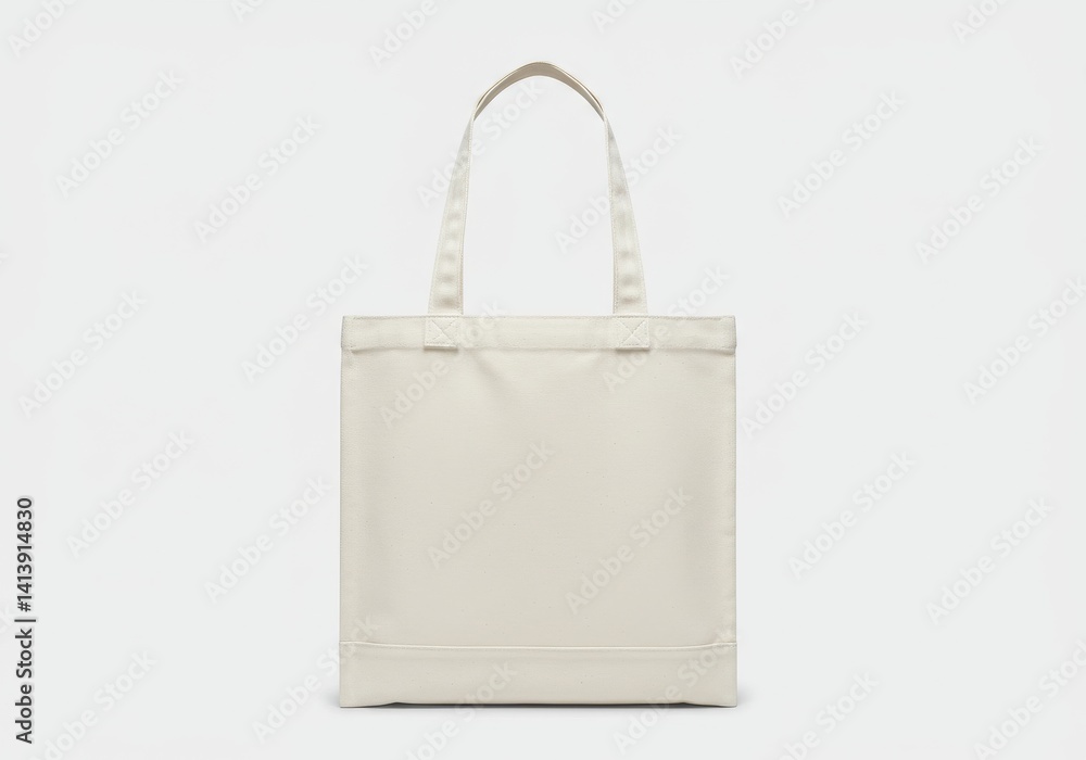 A simple off white tote bag with handles standing against a plain white background in a studio shot A simple off white tote bag with handles standing against a plain white background in a studio shot
