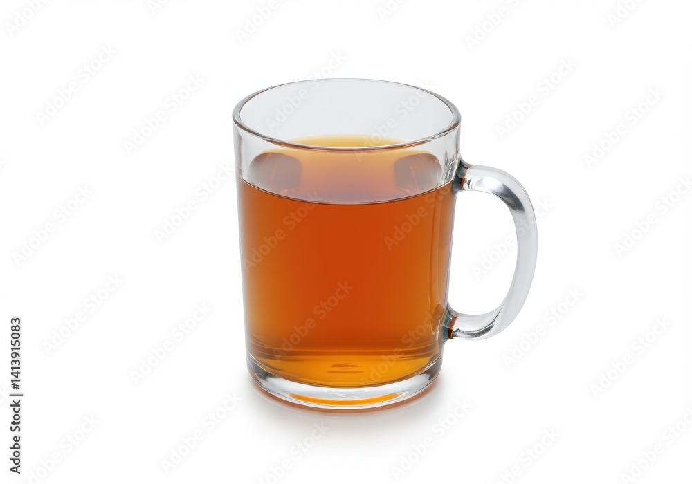 A clear glass mug filled with a dark amber liquid sitting on a white surface in a studio shot A clear glass mug filled with a dark amber liquid sitting on a white surface in a studio shot
