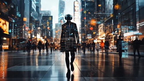 Empowered individual walks towards camera in futuristic city with digital overlay