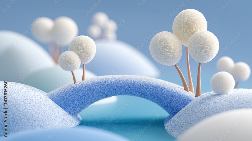 Serene winter landscape featuring soft hills, fluffy trees, and a gentle arching bridge over tranquil water, 3D cartoon clay style illustration.
