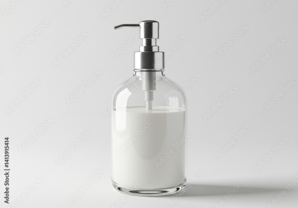 A clear glass bottle with a silver pump dispenser filled with a white liquid on a white background A clear glass bottle with a silver pump dispenser filled with a white liquid on a white background