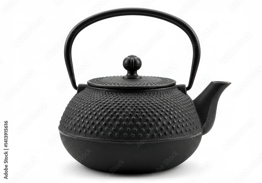 A black cast iron teapot with a textured surface and a handle on a white background isolated view A black cast iron teapot with a textured surface and a handle on a white background isolated view