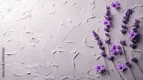 Lavender sprigs and blossoms on textured purple background