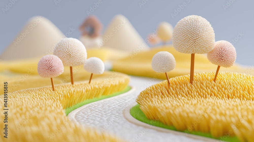 Colorful miniature landscape featuring artificial trees and hills in a whimsical setting with soft textures and playful colors, 3D cartoon clay style illustration.