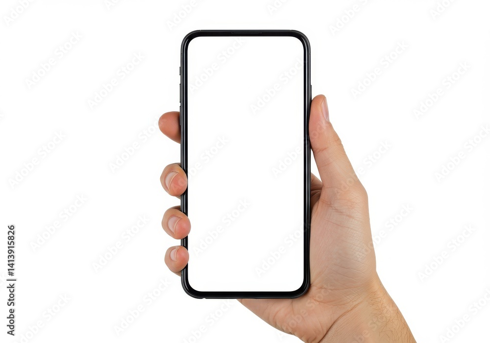 Hand holding a black smartphone with a blank white screen against a white background in a studio shot Hand holding a black smartphone with a blank white screen against a white background in a studio shot