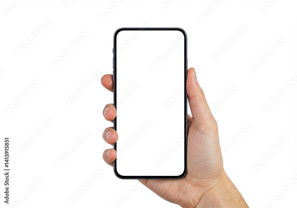 A hand holding a modern smartphone with a blank white screen against a white background in a studio shot A hand holding a modern smartphone with a blank white screen against a white background in a studio shot