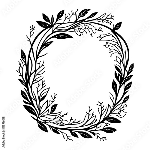 Elegant Foliage Circle Frame in Black and White