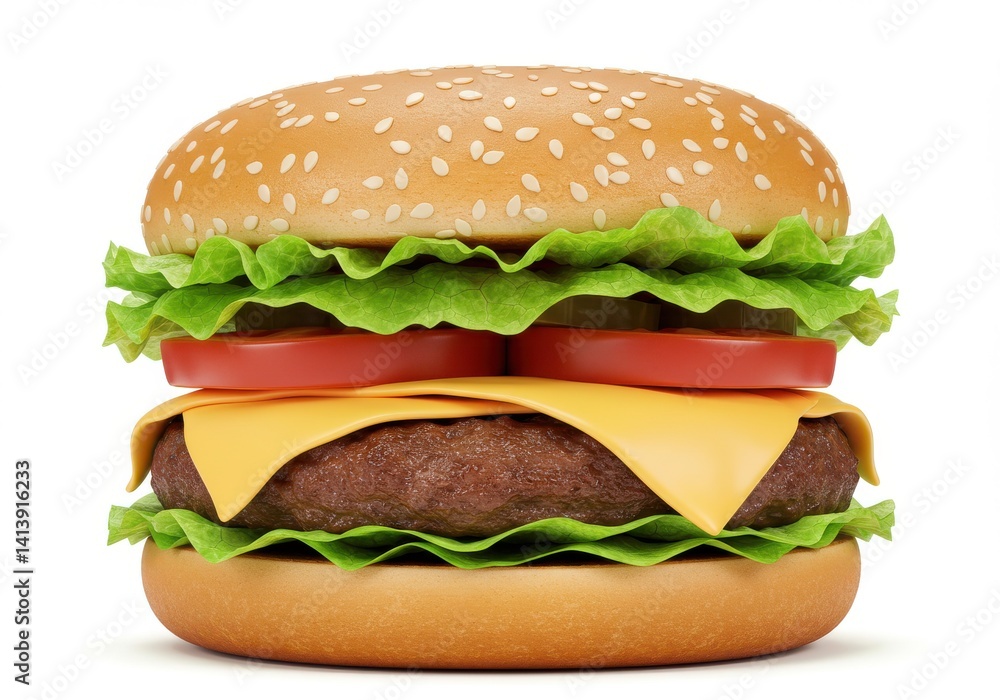A close up shot of a hamburger with lettuce tomato cheese and a sesame seed bun on a white background A close up shot of a hamburger with lettuce tomato cheese and a sesame seed bun on a white background