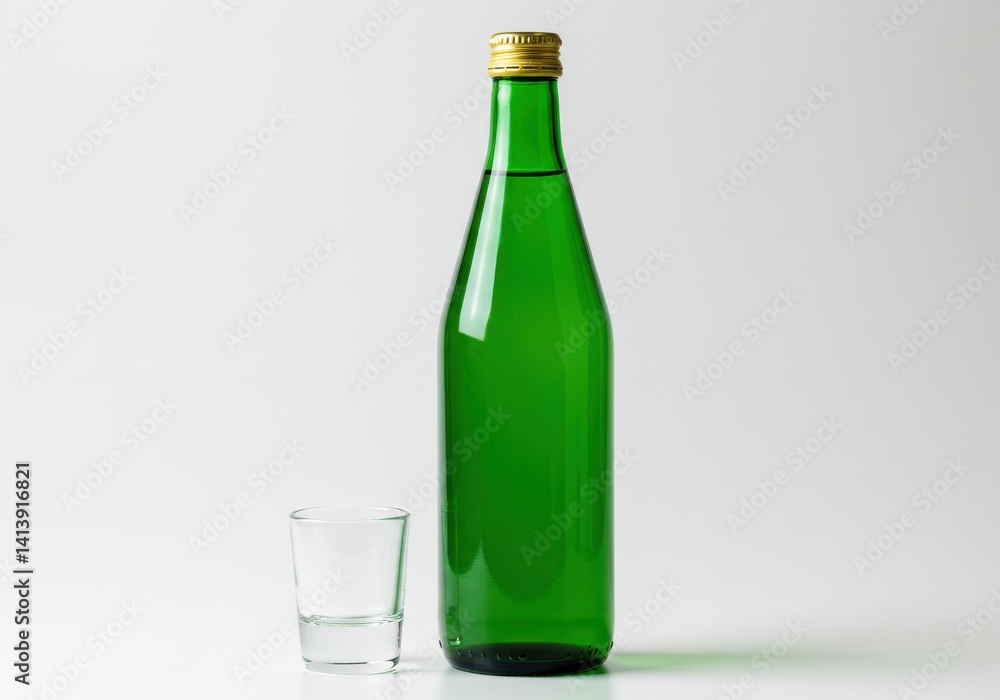 A green bottle with a gold cap and a small clear glass on a white background in a studio shot A green bottle with a gold cap and a small clear glass on a white background in a studio shot