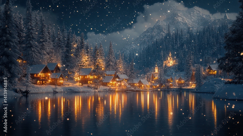 Fototapeta premium Enchanting winter village nestled beside a serene lake beneath a starry night