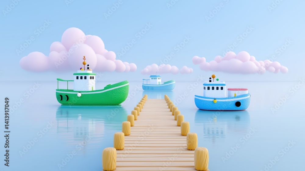 Colorful boats anchored at a serene pier under a clear sky with fluffy clouds, 3D cartoon clay style illustration.
