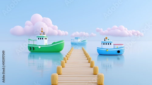 Obraz na płótnie Colorful boats anchored at a serene pier under a clear sky with fluffy clouds, 3D cartoon clay style illustration. w salonie