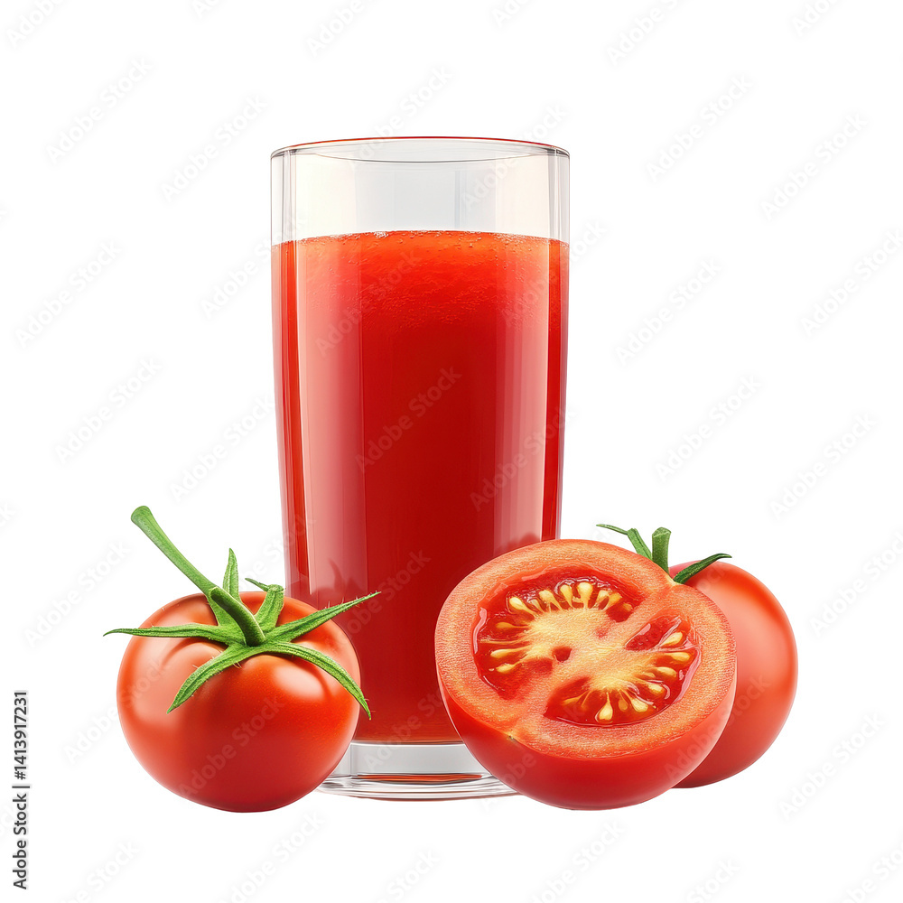 Tomato juice served in a clear glass with fresh tomatoes on Transparent background, tomato juice isolated on PNG background Tomato juice served in a clear glass with fresh tomatoes on Transparent background, tomato juice isolated on PNG background