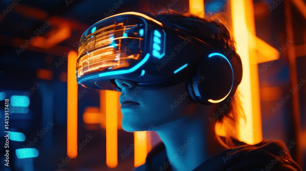 Person immersed in virtual reality with neon lights Person immersed in virtual reality with neon lights