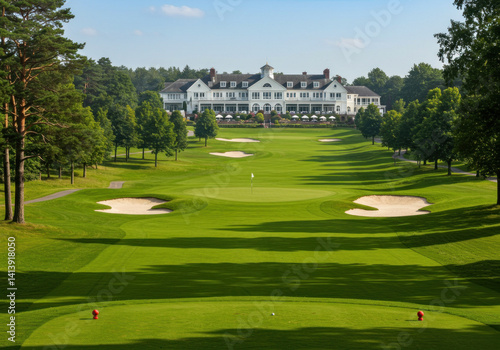 Golf course at The Lodge at Pinehurst, featuring lush green fairways, tall pine trees, and golfers teeing off on a sunny day with clear blue skies.