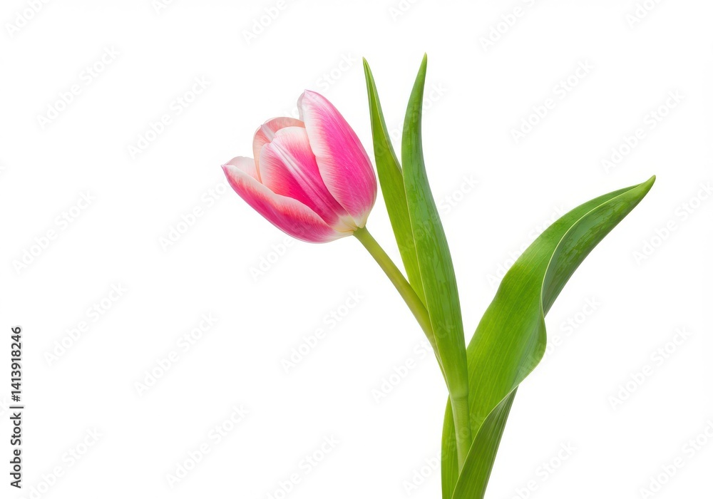 Fototapeta premium Close up of a pink and white tulip flower with green leaves on a white background isolated shot