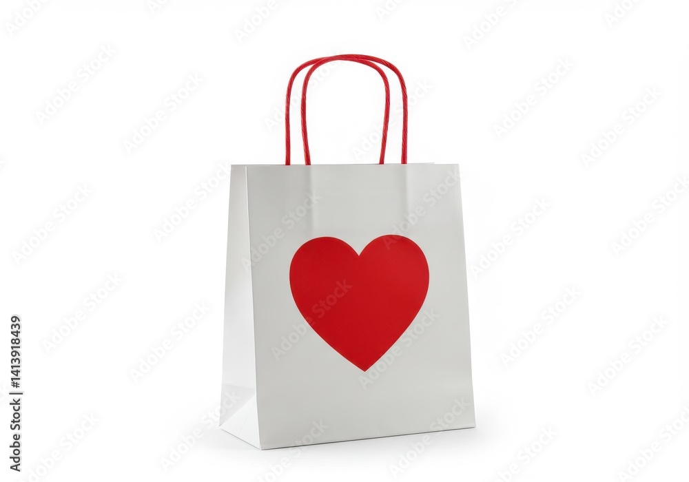 A white shopping bag with red handles and a red heart on the front isolated on white background A white shopping bag with red handles and a red heart on the front isolated on white background