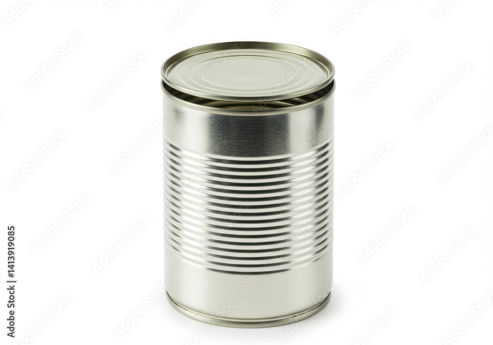 A single silver metal tin can with horizontal lines on a white background in studio lighting A single silver metal tin can with horizontal lines on a white background in studio lighting