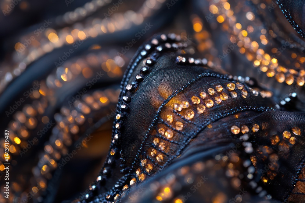 Obraz premium An ultra-detailed macro image interwoven silk threads forming complex pattern, enhanced bead-like embroidery details reflecting soft ambient light