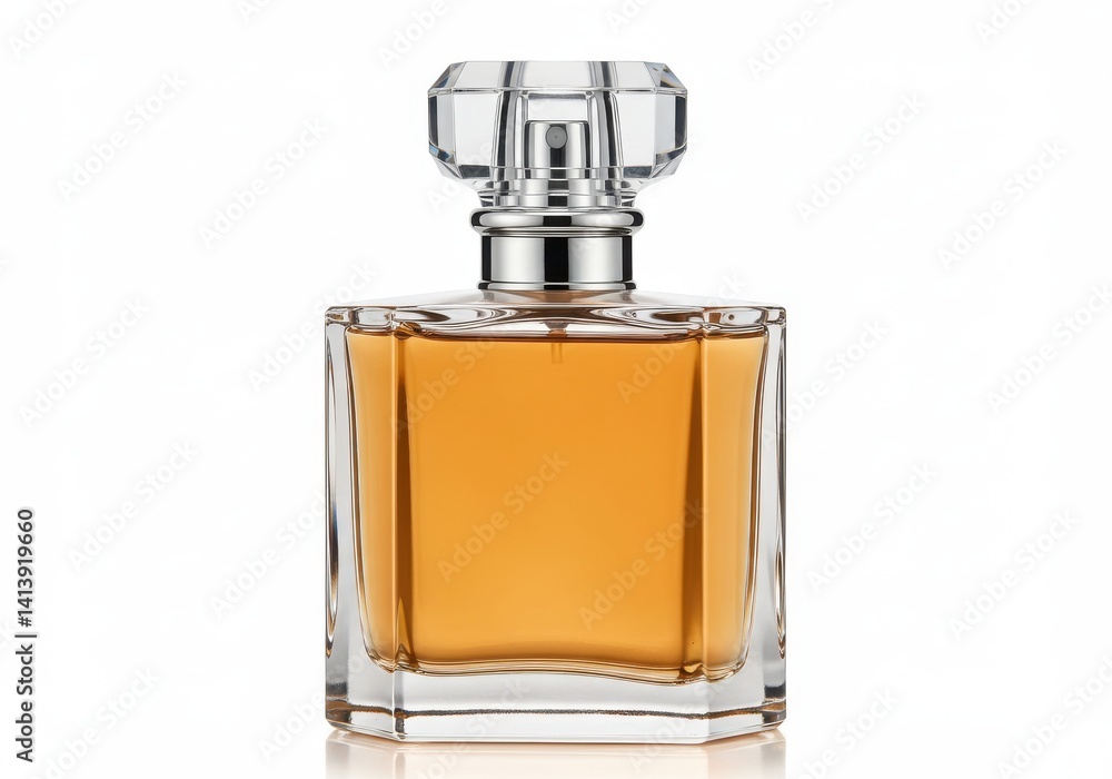 A square glass perfume bottle with golden liquid and a clear faceted stopper on a white background A square glass perfume bottle with golden liquid and a clear faceted stopper on a white background