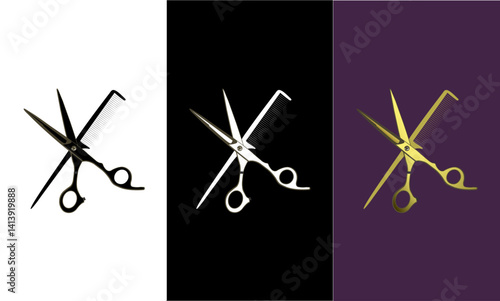 Scissors and comb on white, black and purple background