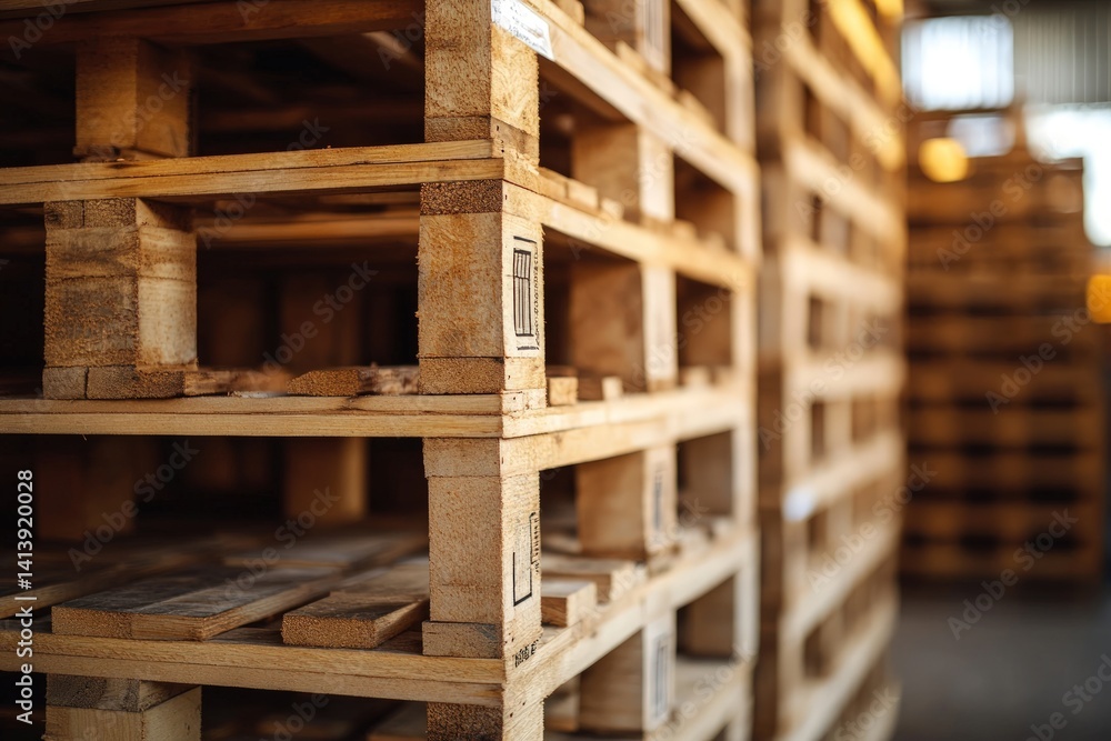 Wooden pallets stacked in a warehouse Wooden pallets stacked in a warehouse