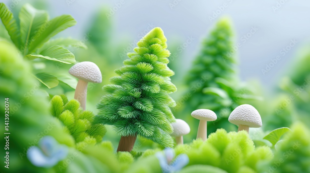 Bright green miniature forest with artificial trees and mushrooms surrounded by lush foliage, 3D cartoon clay style illustration.