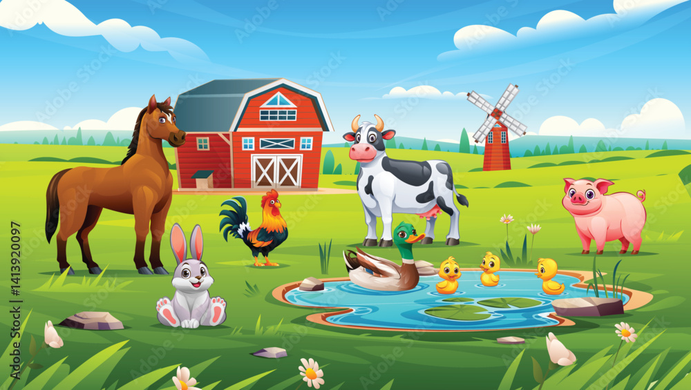 Farm with horse, cow, rooster, rabbit, duck and pig near pond in scenic countryside barnyard. Vector cartoon illustration Farm with horse, cow, rooster, rabbit, duck and pig near pond in scenic countryside barnyard. Vector cartoon illustration