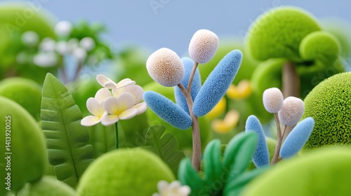 Colorful and diverse artificial garden landscape with various plants in bright spring atmosphere, 3D cartoon clay style illustration.