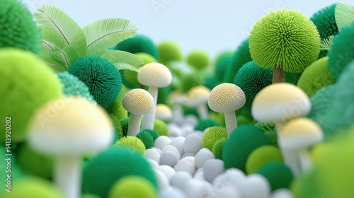 Obraz na płótnie Colorful forest landscape with fantastical mushrooms and vibrant vegetation in a whimsical setting, 3D cartoon clay style illustration. w salonie
