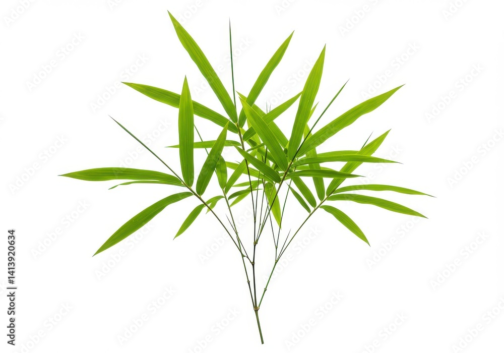 A sprig of bamboo with vibrant green leaves isolated against a stark white background in a studio shot A sprig of bamboo with vibrant green leaves isolated against a stark white background in a studio shot