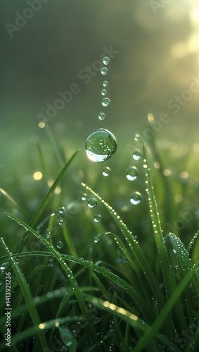 Tiny joys of nature: dew drops on grass captured in soft morning light.