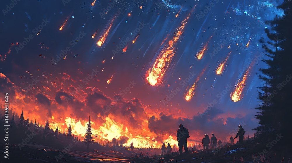 Apocalyptic Night with Meteor Shower Inferno for burning cosmos space stars explosion concept. Apocalyptic Night with Meteor Shower Inferno for burning cosmos space stars explosion concept.