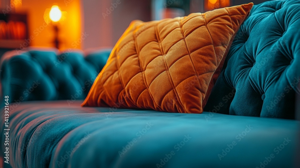 Velvet Sofa with Orange Pillow