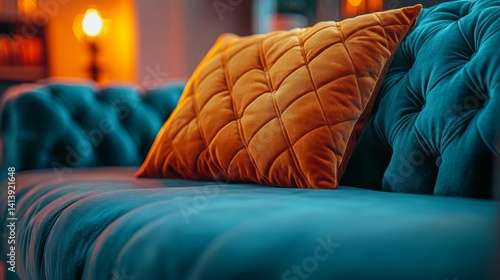 Obraz na płótnie Velvet Sofa with Orange Pillow w salonie