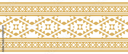Gold ethnic ornament with geometric tribal border pattern.