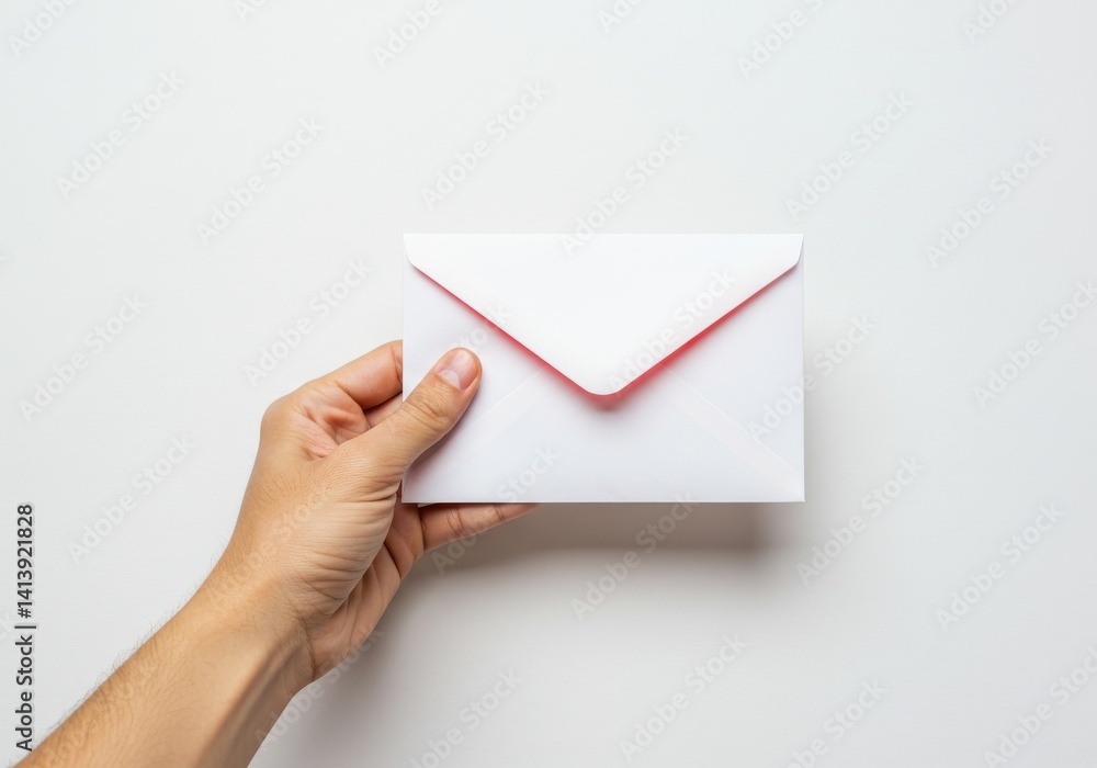 Fototapeta premium Hand holding a white envelope with a pink interior against a white background in a studio shot