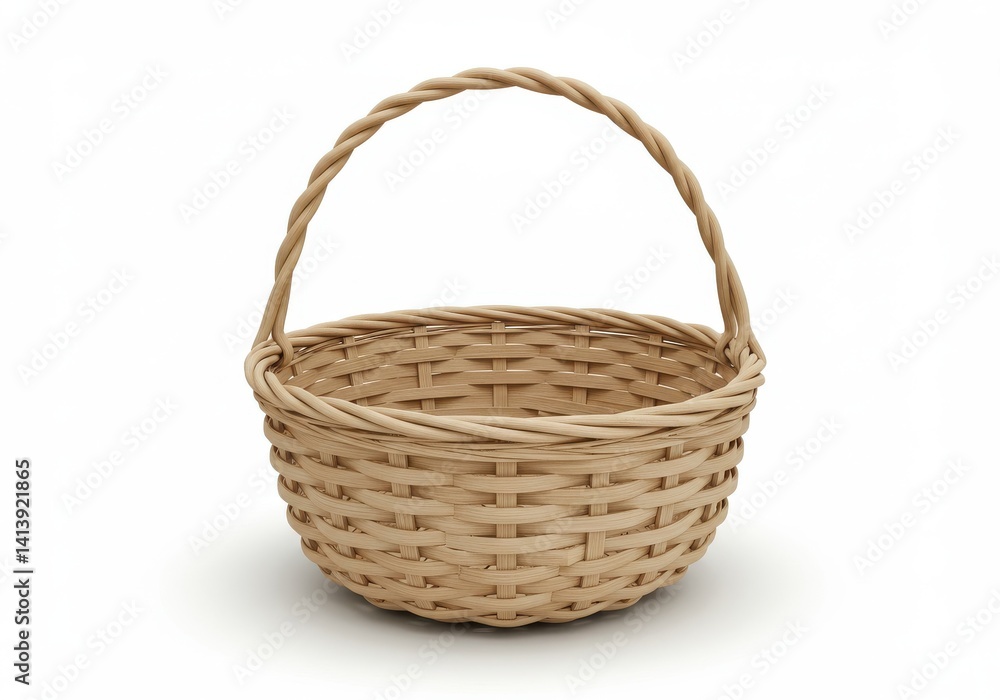 A woven basket with a handle on a white background perfect for easter or a picnic gathering scene A woven basket with a handle on a white background perfect for easter or a picnic gathering scene