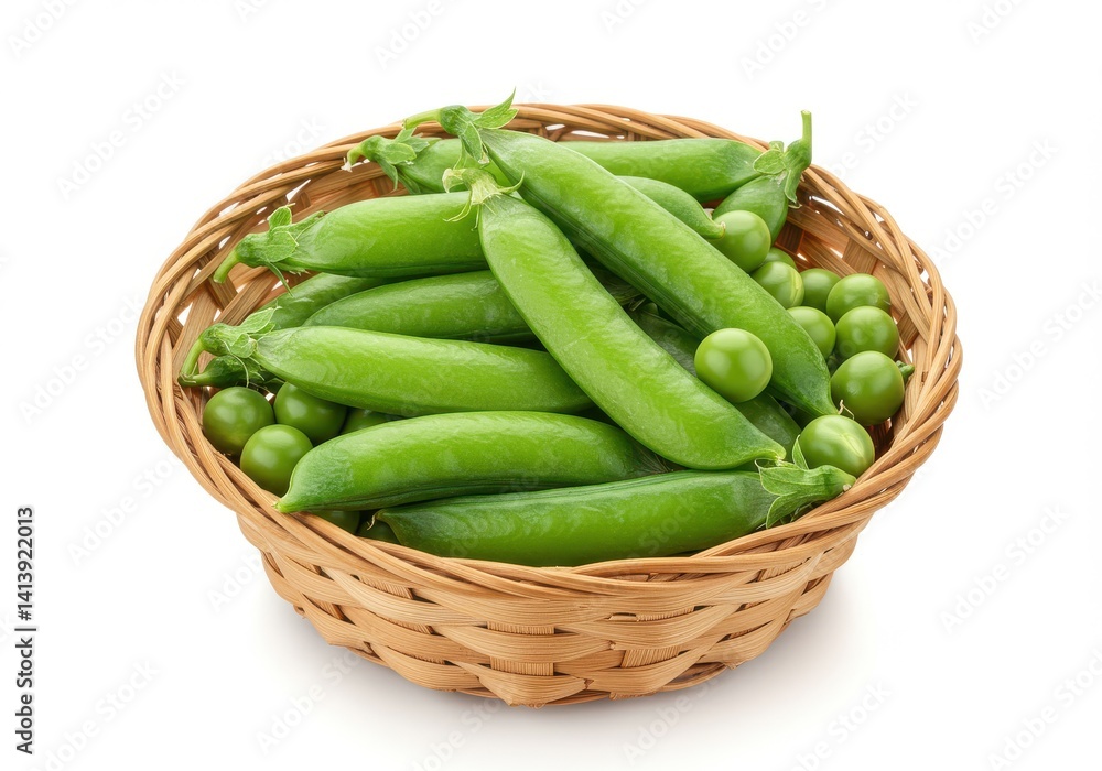 A wicker basket filled with fresh green peas and pea pods sitting on a plain white background surface A wicker basket filled with fresh green peas and pea pods sitting on a plain white background surface