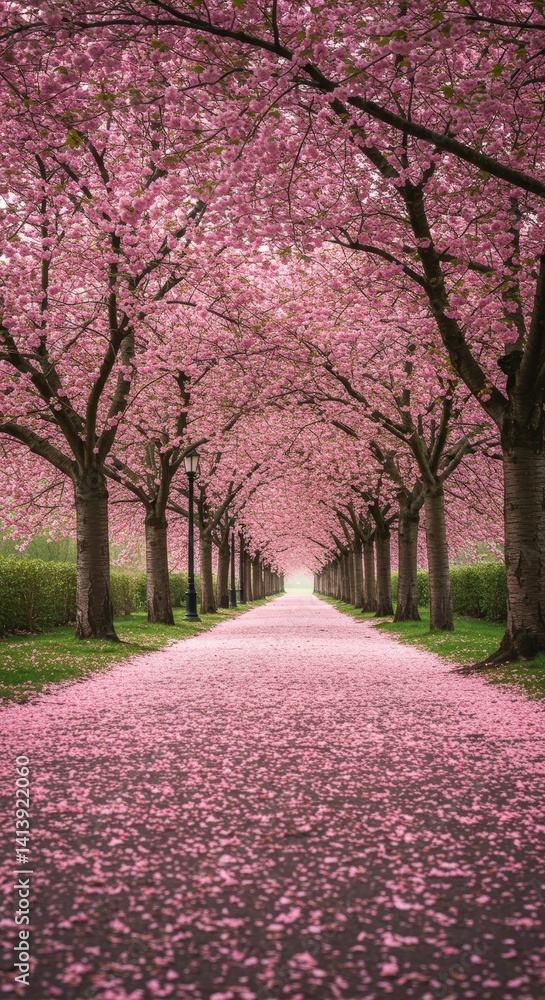 Naklejka premium Walking Path Under Cherry Blossom Trees with Pink Petals
