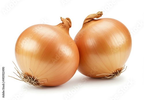Wallpaper Mural Two onions with brown skin and roots on a white background in a studio shot close up view Torontodigital.ca