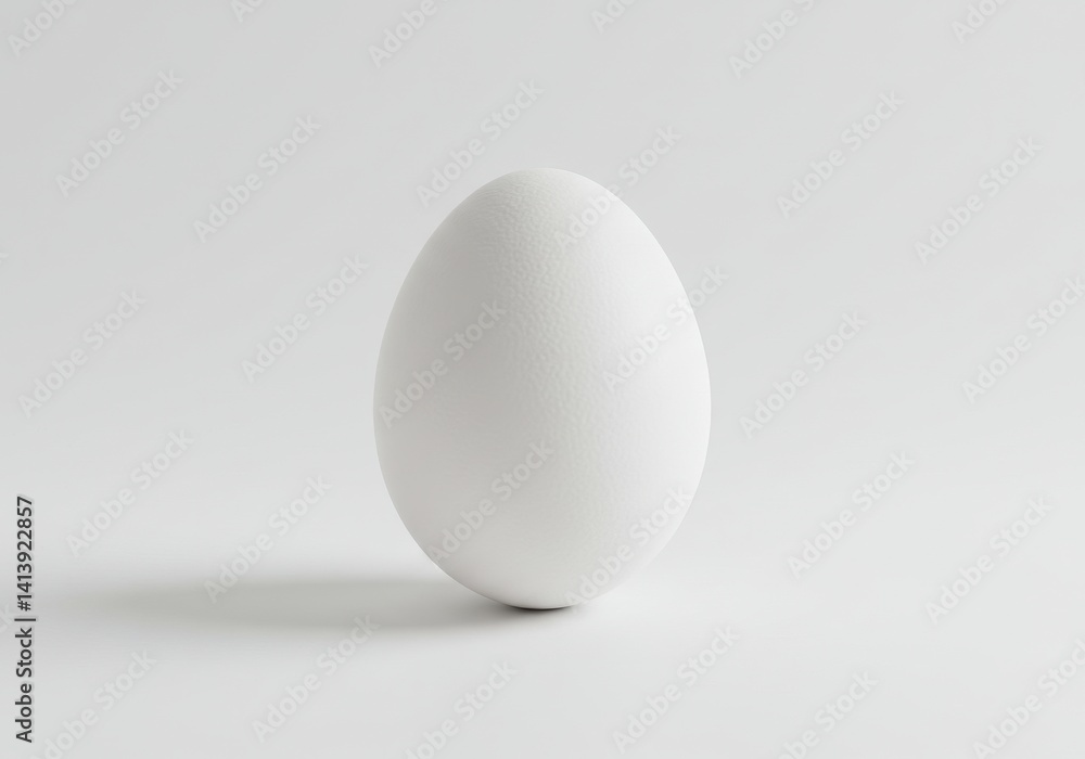 A single white egg standing upright on a plain white surface in a studio setting with soft lighting A single white egg standing upright on a plain white surface in a studio setting with soft lighting