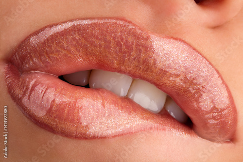 Glossy Lips with Nude Lipstick and White Teeth, Close-Up