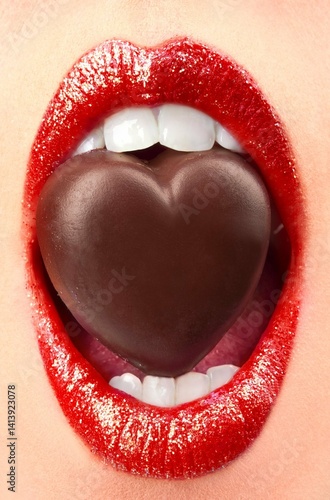Chocolate Heart in Mouth with Red Lipstick