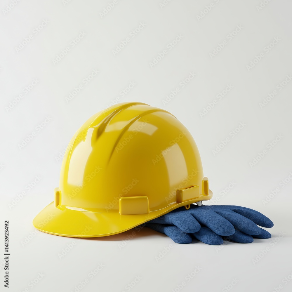 Fototapeta premium Yellow Hard Hat and Blue Work Gloves on White Background