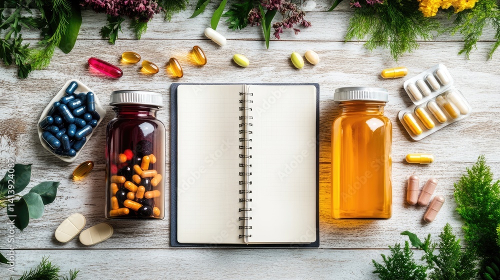 Daily vitamins and supplements lined up beside a health journal and smoothie Daily vitamins and supplements lined up beside a health journal and smoothie